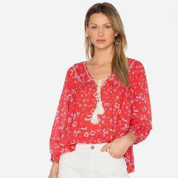 Free People | Never A Dull Moment Blouse Coral Red Peasant Floral Top | Size XS - Picture 1 of 10